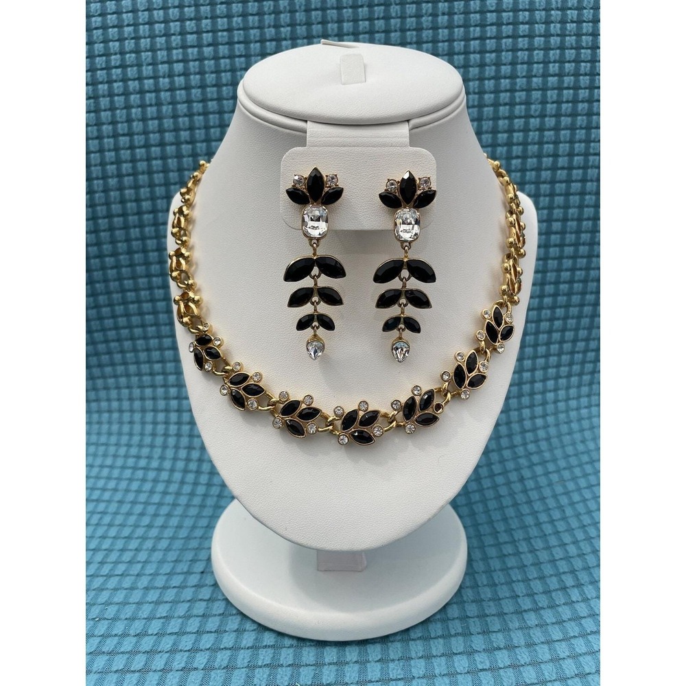 Vtg Runway Deco MONET w Black/Ice Swarovski Crystal Rhinestone Necklace Earrings